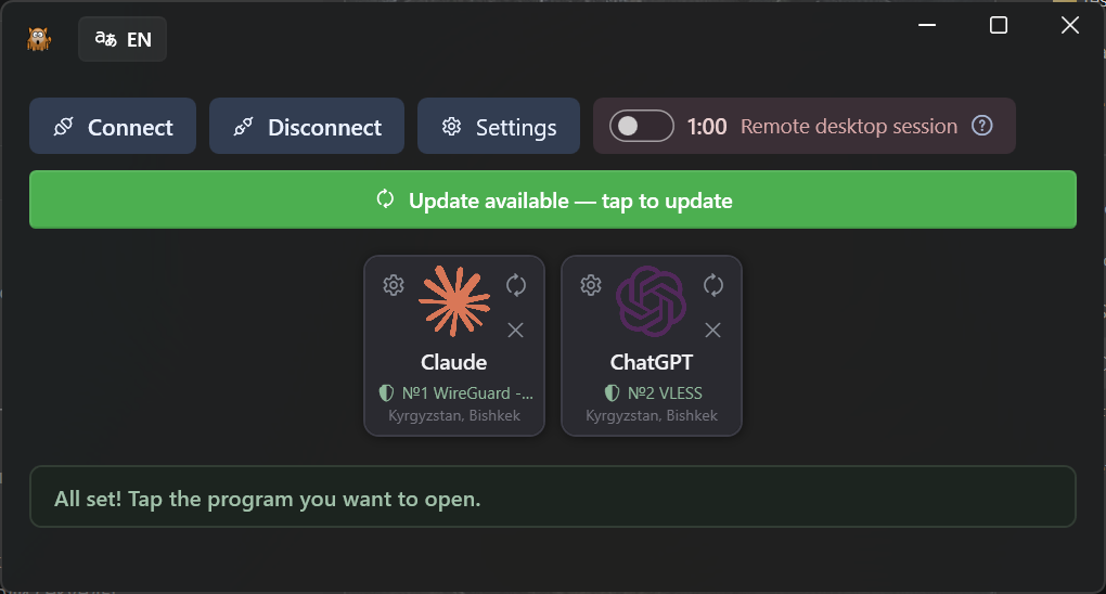 Главное окно Mihomo Launcher: кнопки Connect / Disconnect / Settings, переключатель безопасного режима Remote desktop session с таймером, плитки Claude и ChatGPT с указанием VPN-узла и страны сервера (Киргизия, Бишкек)