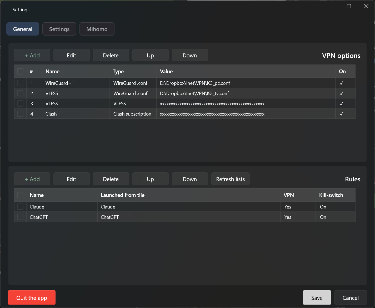 Окно настроек Mihomo Launcher: таблица VPN-вариантов (WireGuard .conf, VLESS, Clash-подписка) и таблица правил с колонками VPN и Kill-switch