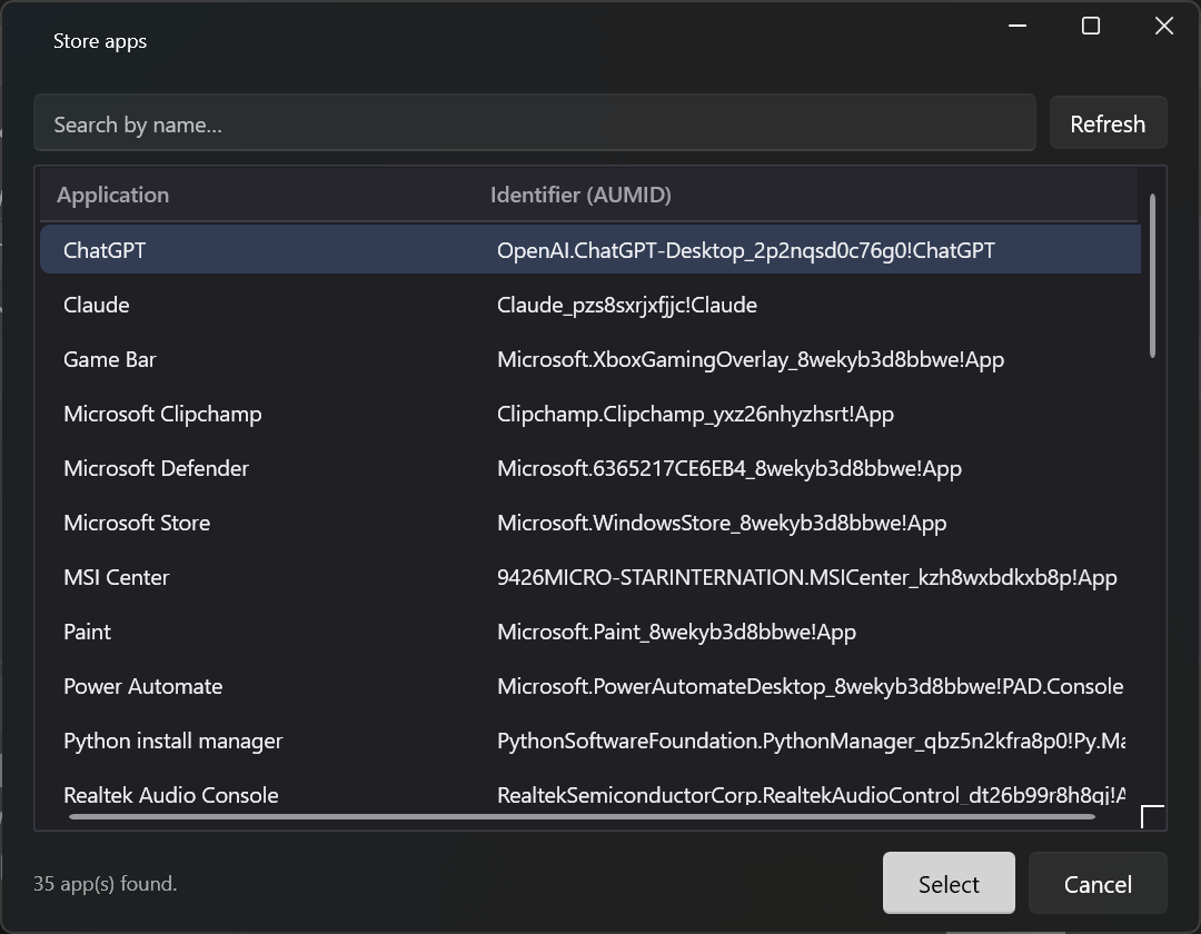 Окно выбора приложений Microsoft Store в Mihomo Launcher: список с идентификаторами AUMID — ChatGPT, Claude, Game Bar, Microsoft Store и другие